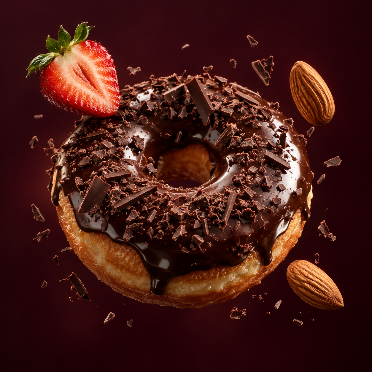 Composição ilustrativa de um donut com chocolate, morango e amêndoas